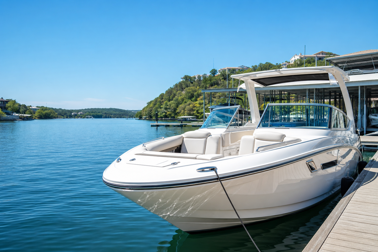 Freshly detailed white boat at a sunny marina on a blue lake